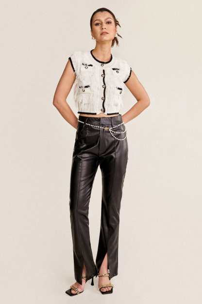 Ivory Frayed Button-Up Contrast Trim Cropped Knit Top