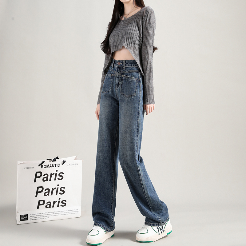 Blue High-Rise Straight-Leg Panel Pocket Jeans