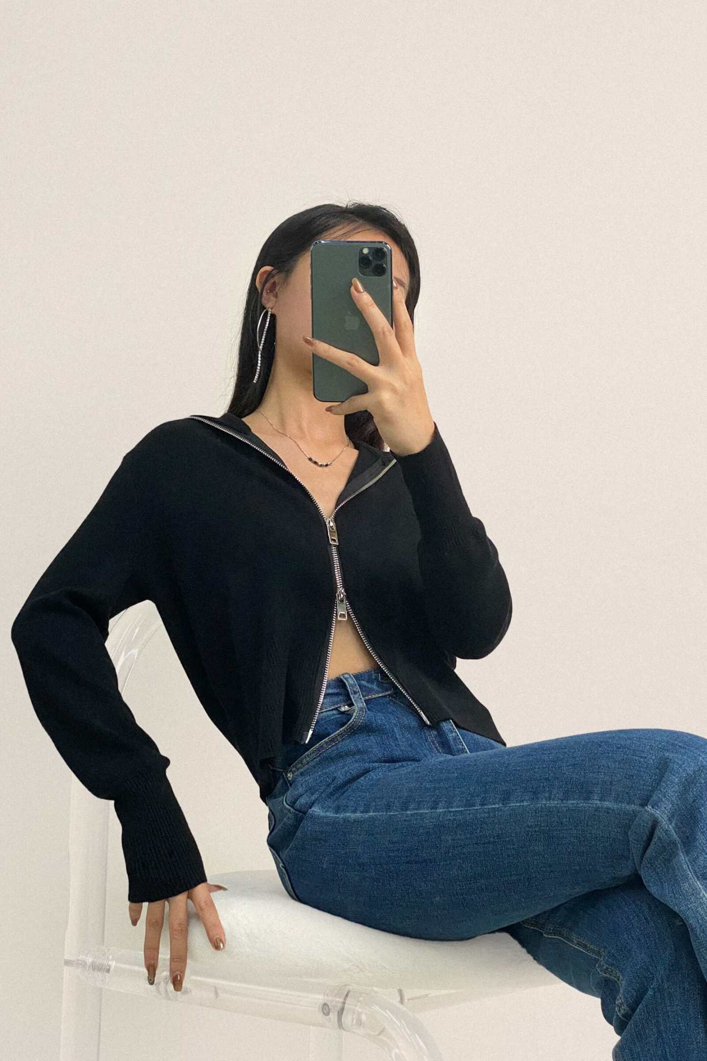 Black Wool-Blend Collared Zip-Up Cardigan
