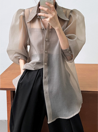 Puff Sleeve Long Sleeve Shirt Grey