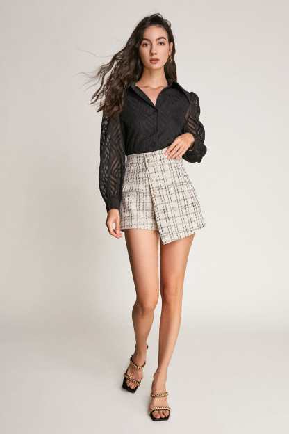 Ivory Tweed High Rise Button Detail Asymmetric Shorts