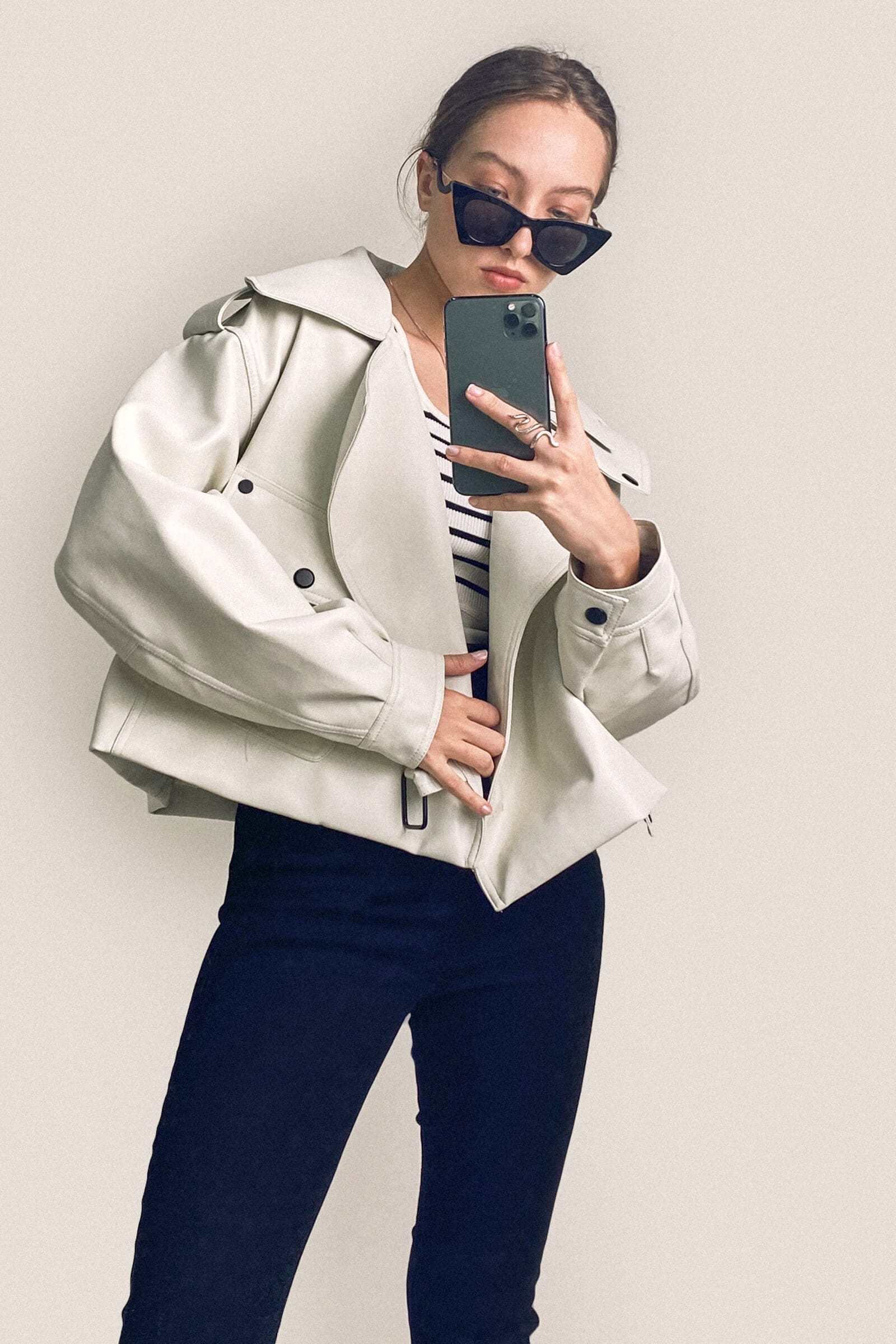 Beige Vegan Leather Pocket Detail Biker Jacket