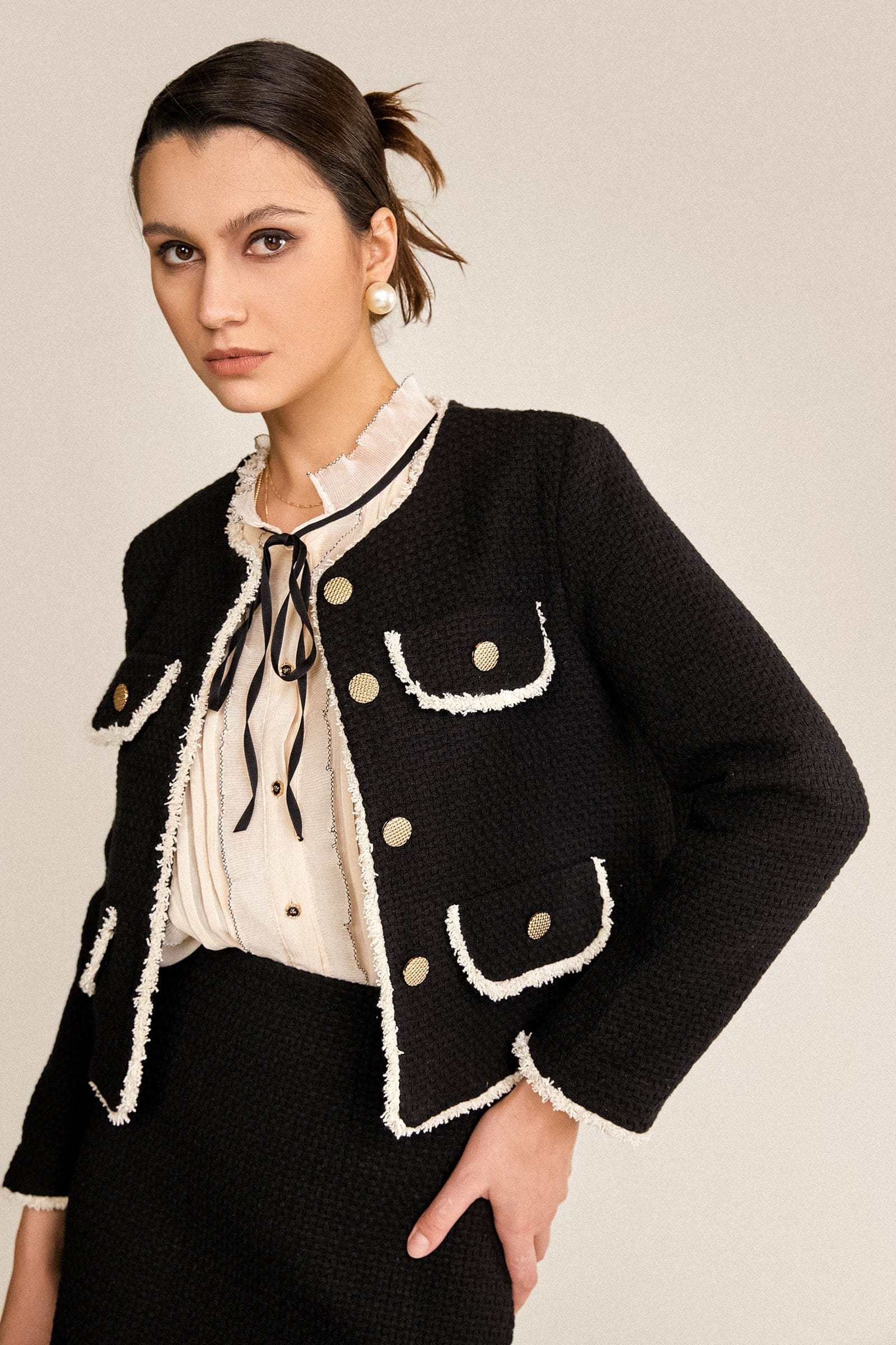 Black Contrast Frayed Trim Tweed Jacket & Mini Skirt Two-Piece Set