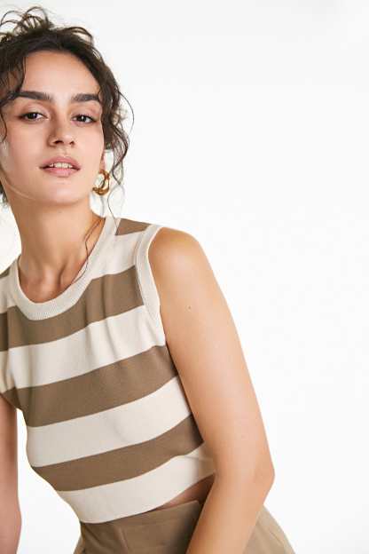 Ivory Striped Crew Neck Rib-Knit Vest