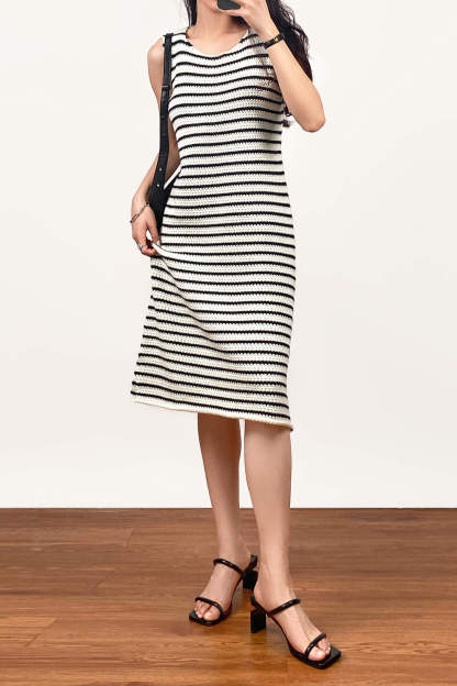 Ivory Striped Sleeveless Knit Midi Dress