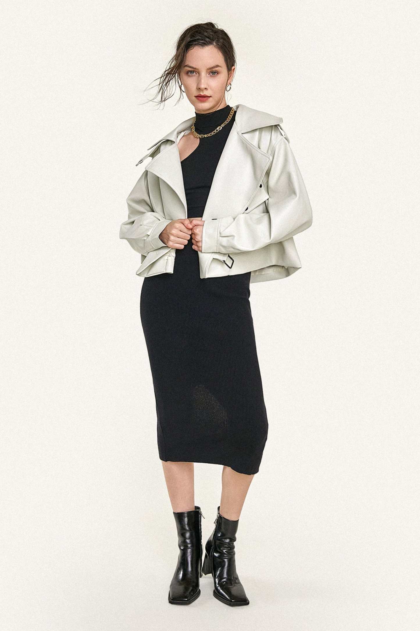 Beige Vegan Leather Pocket Detail Biker Jacket