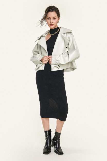 Beige Vegan Leather Pocket Detail Biker Jacket