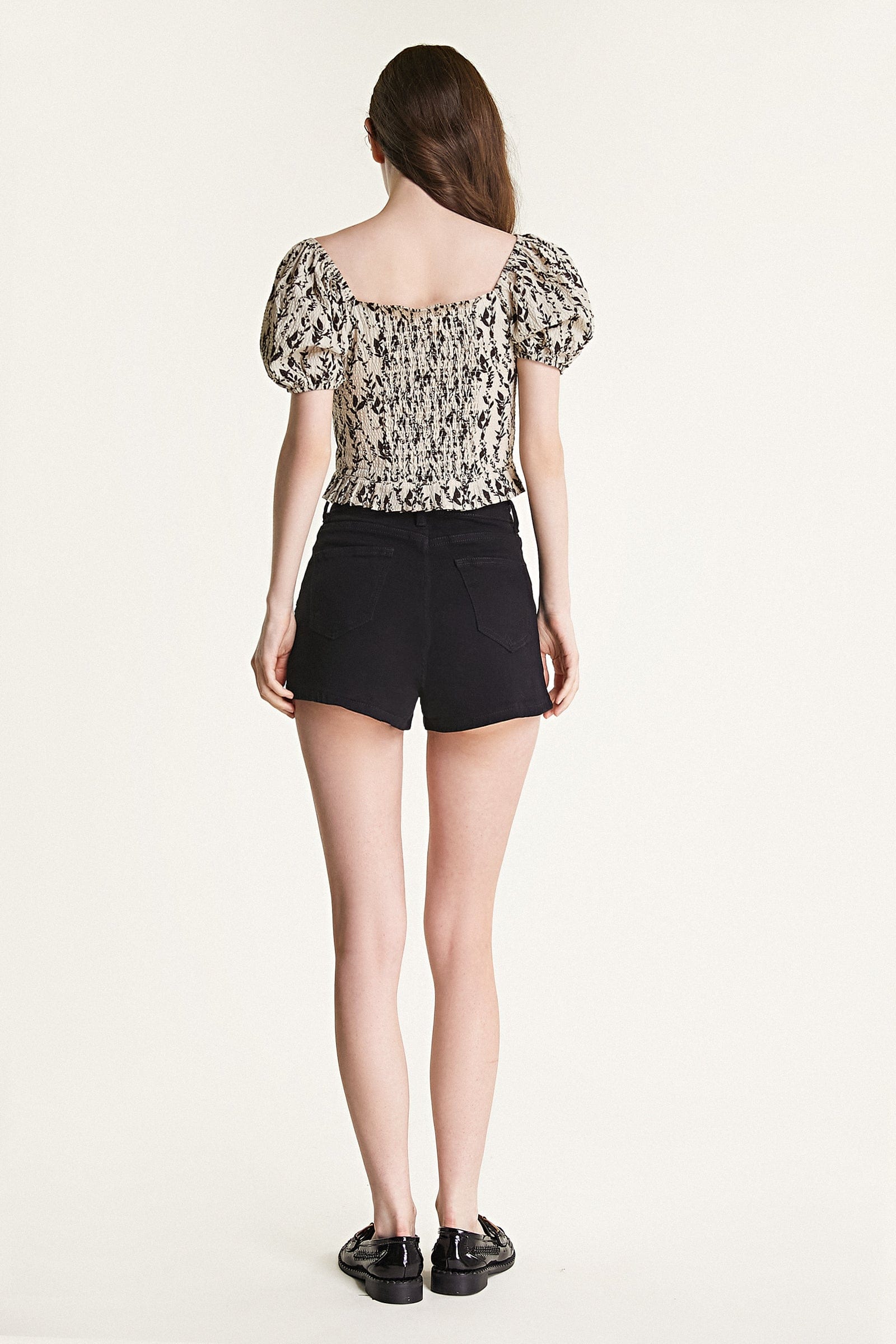 Beige Leaf Print Puff Sleeve Bow Detail Crop Top