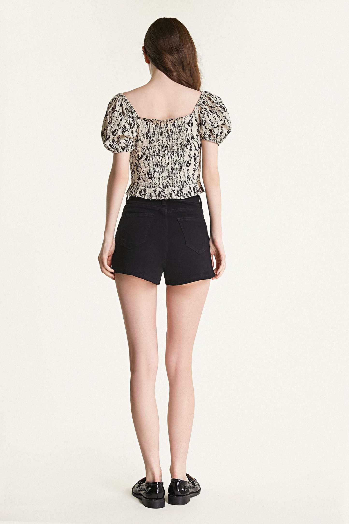 Beige Leaf Print Puff Sleeve Bow Detail Crop Top