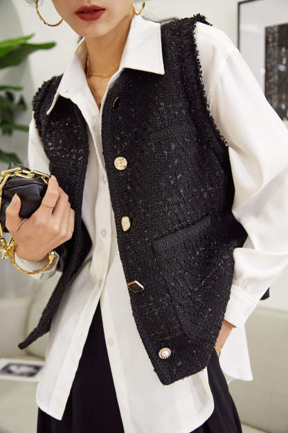 Black Crew Neck Frayed Trim Button-Up  Tweed Vest