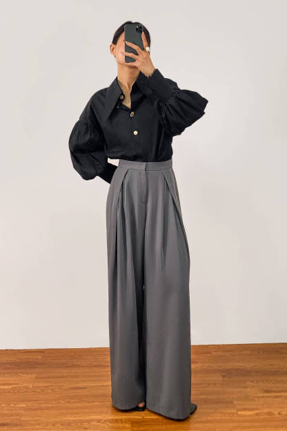 Black Pointed Collar Button Detail Lantern Sleeve Shirt
