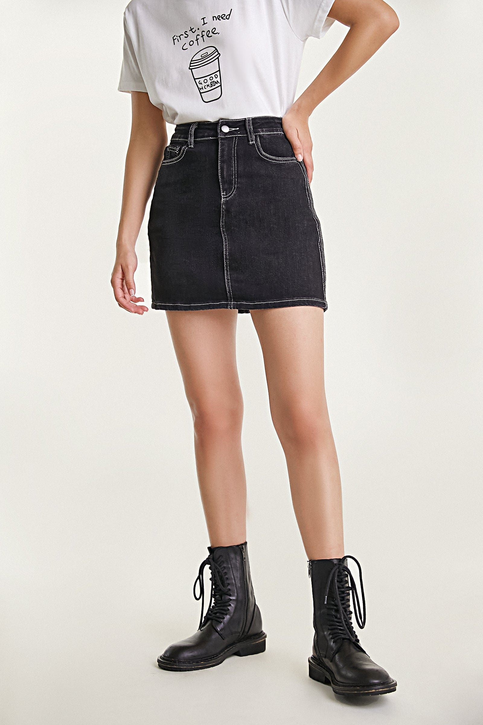 Black Contrast Stitch Cotton-Blend Mini Denim Skirt