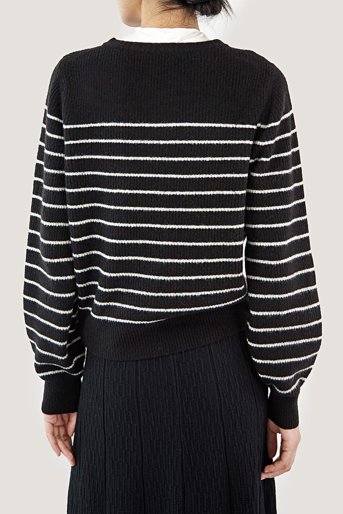 Black Wool-Blend Half-Button Striped Sweater