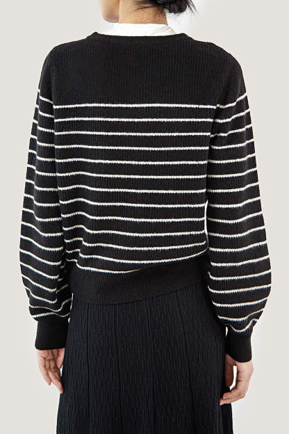 Black Wool-Blend Half-Button Striped Sweater