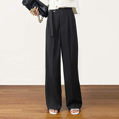 Black Buckle Strap Detail Pleated Front Wide Leg Pants