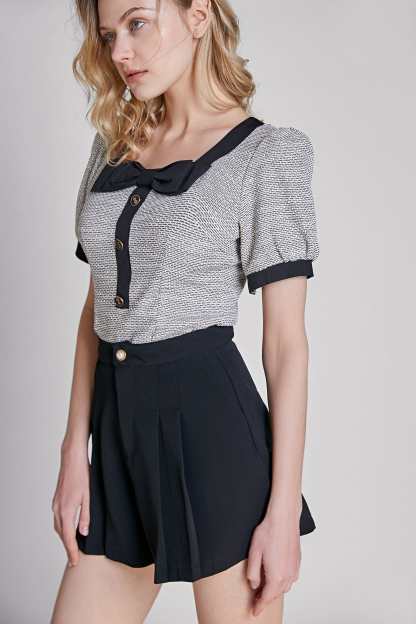 Grey Square Neck Puff Sleeve Blouse