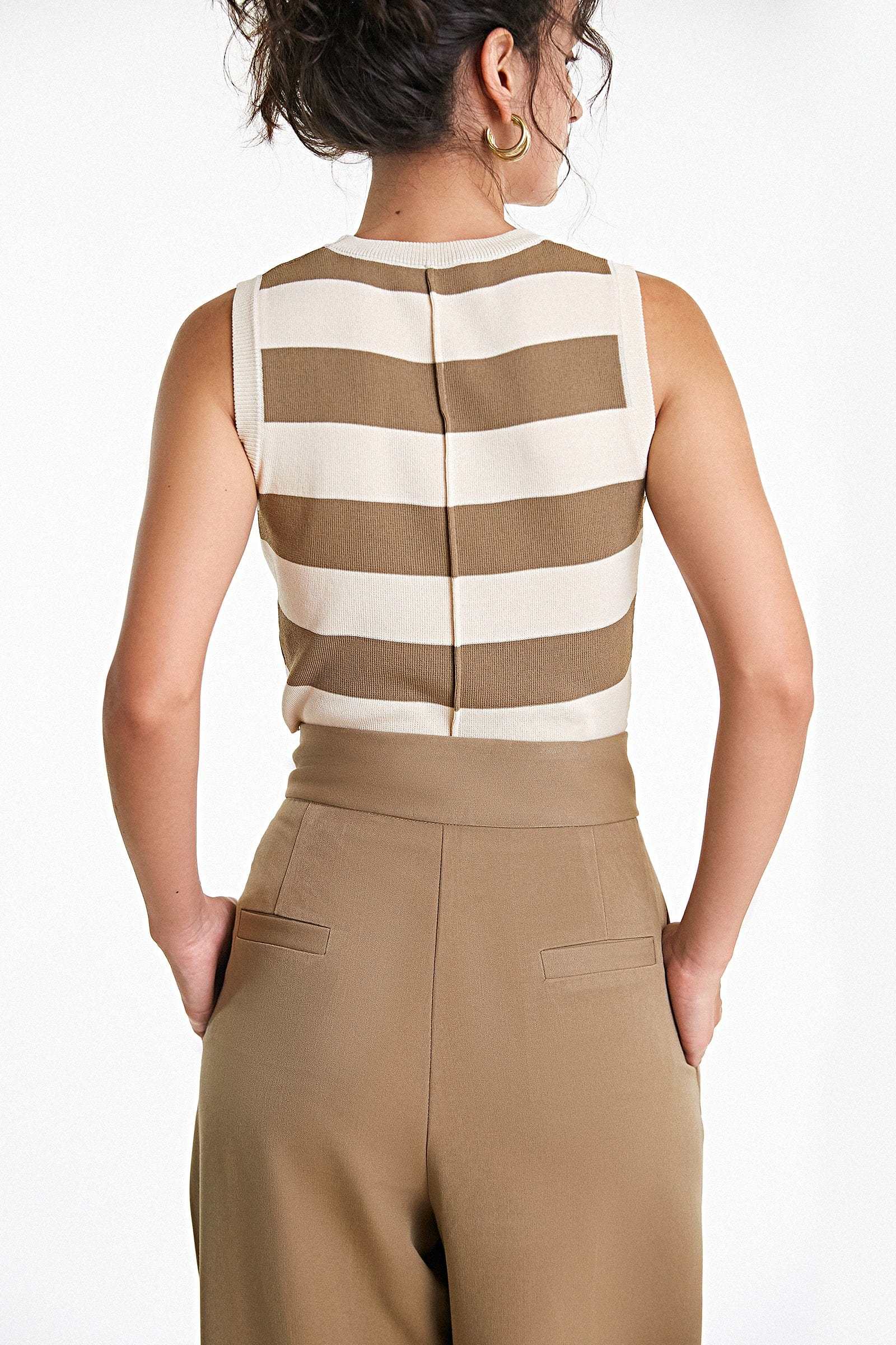 Ivory Striped Crew Neck Rib-Knit Vest