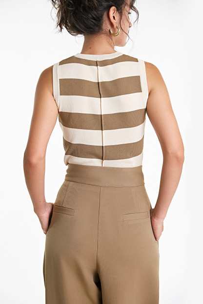 Ivory Striped Crew Neck Rib-Knit Vest