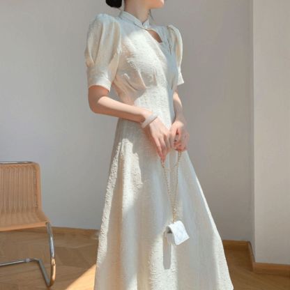 Openwork Waist A Apricot Midi Dress