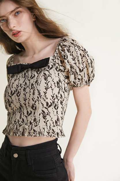 Beige Leaf Print Puff Sleeve Bow Detail Crop Top