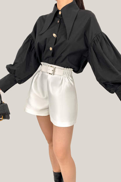 Black Pointed Collar Button Detail Lantern Sleeve Shirt