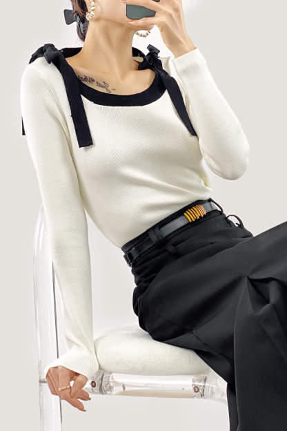 Beige Square Neck Tie Detail Sweater