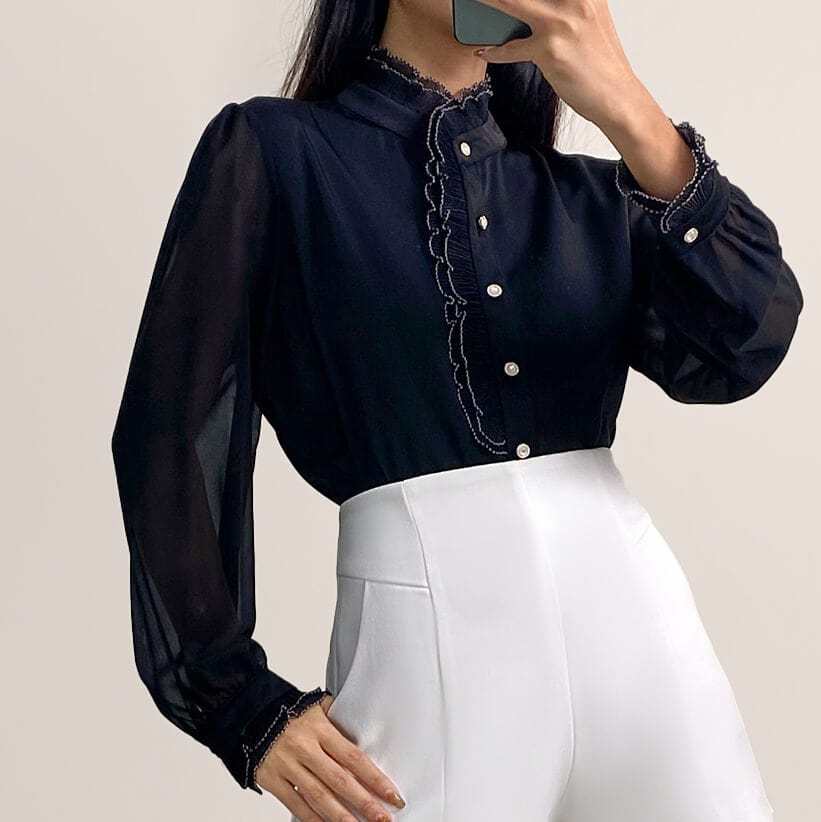 Black High Neck Ruffle Detail Button-Up Work Shirt-J.ING