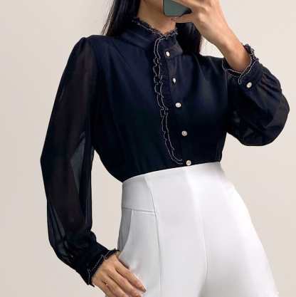 Black High Neck Ruffle Detail Button-Up Work Shirt
