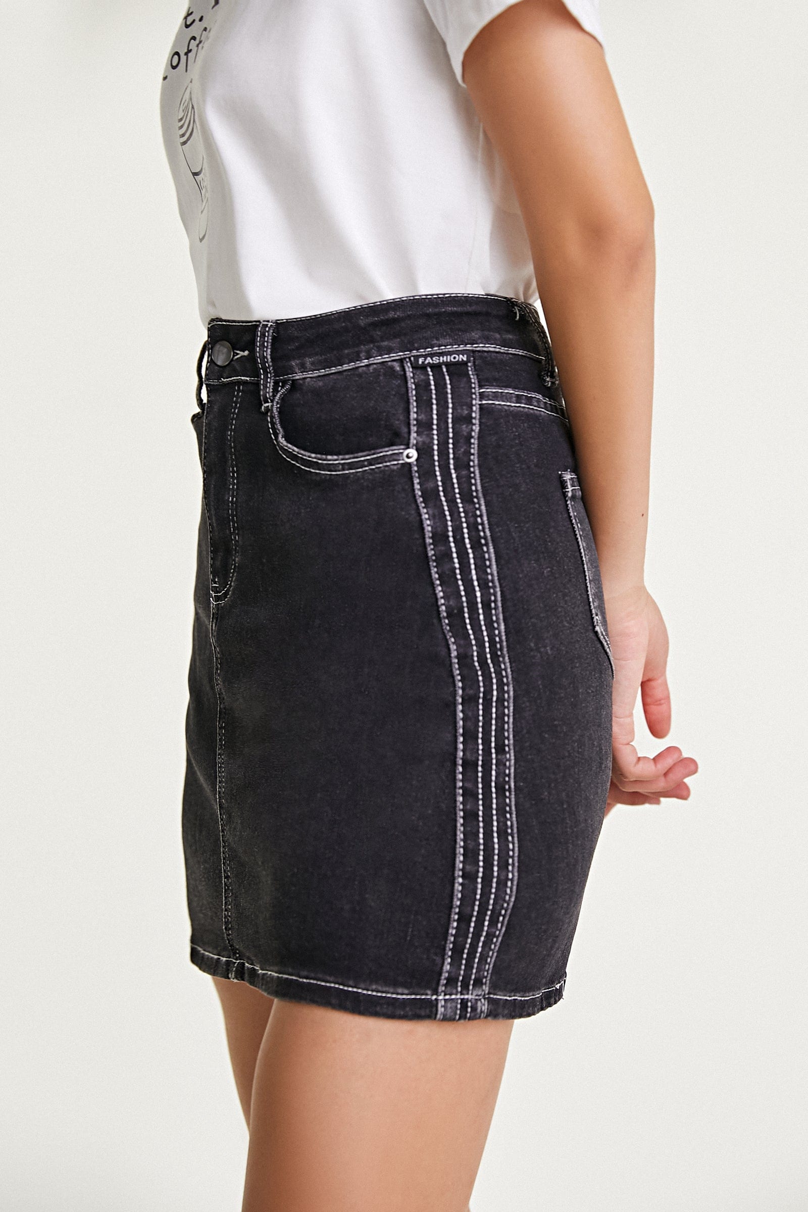 Black Contrast Stitch Cotton-Blend Mini Denim Skirt