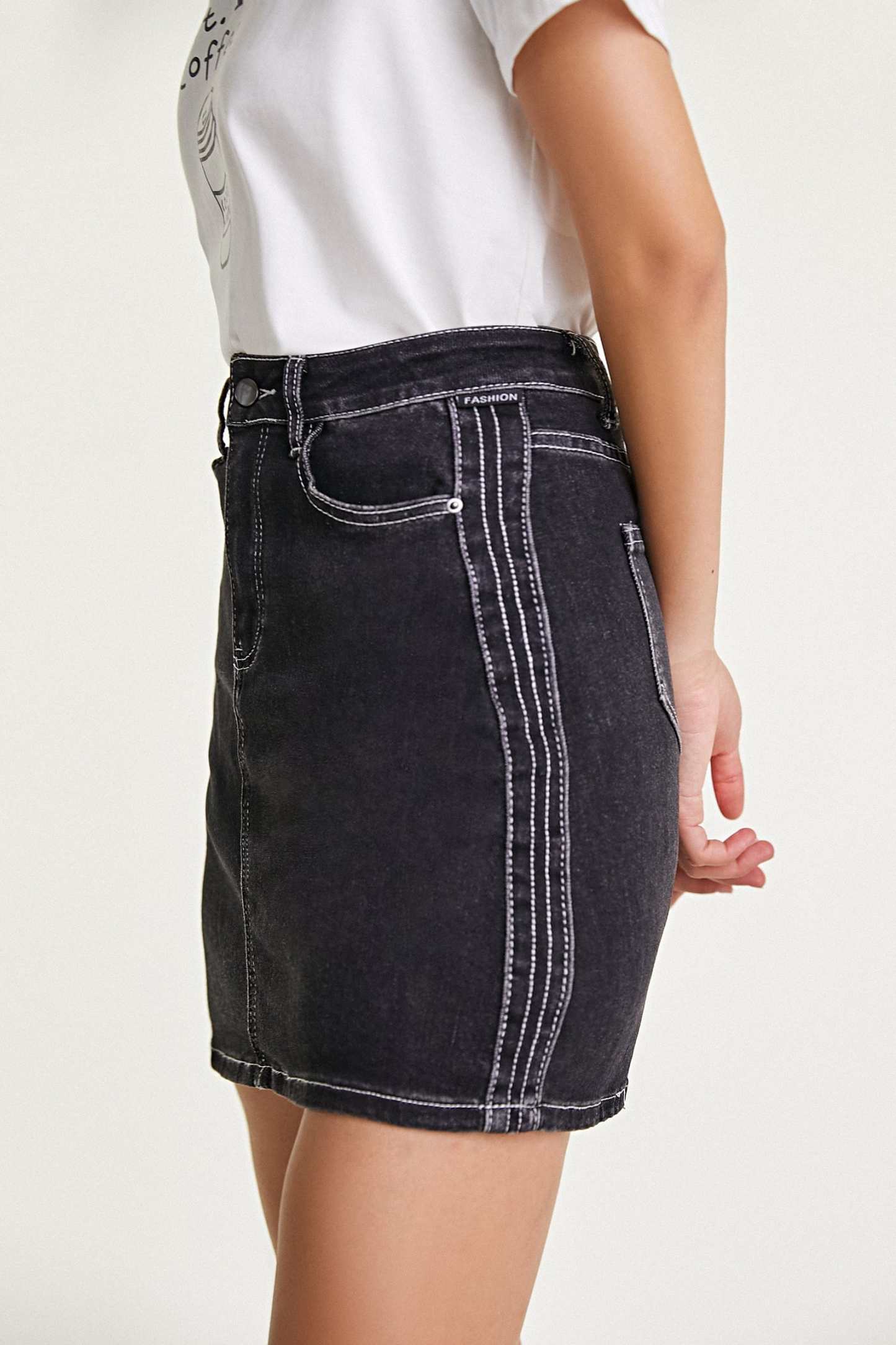 Black Contrast Stitch Cotton-Blend Mini Denim Skirt
