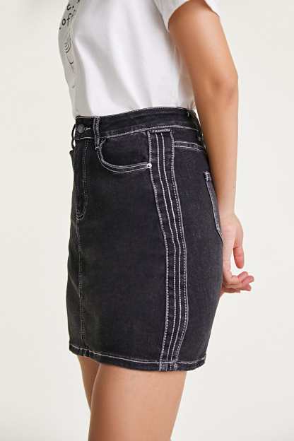 Black Contrast Stitch Cotton-Blend Mini Denim Skirt