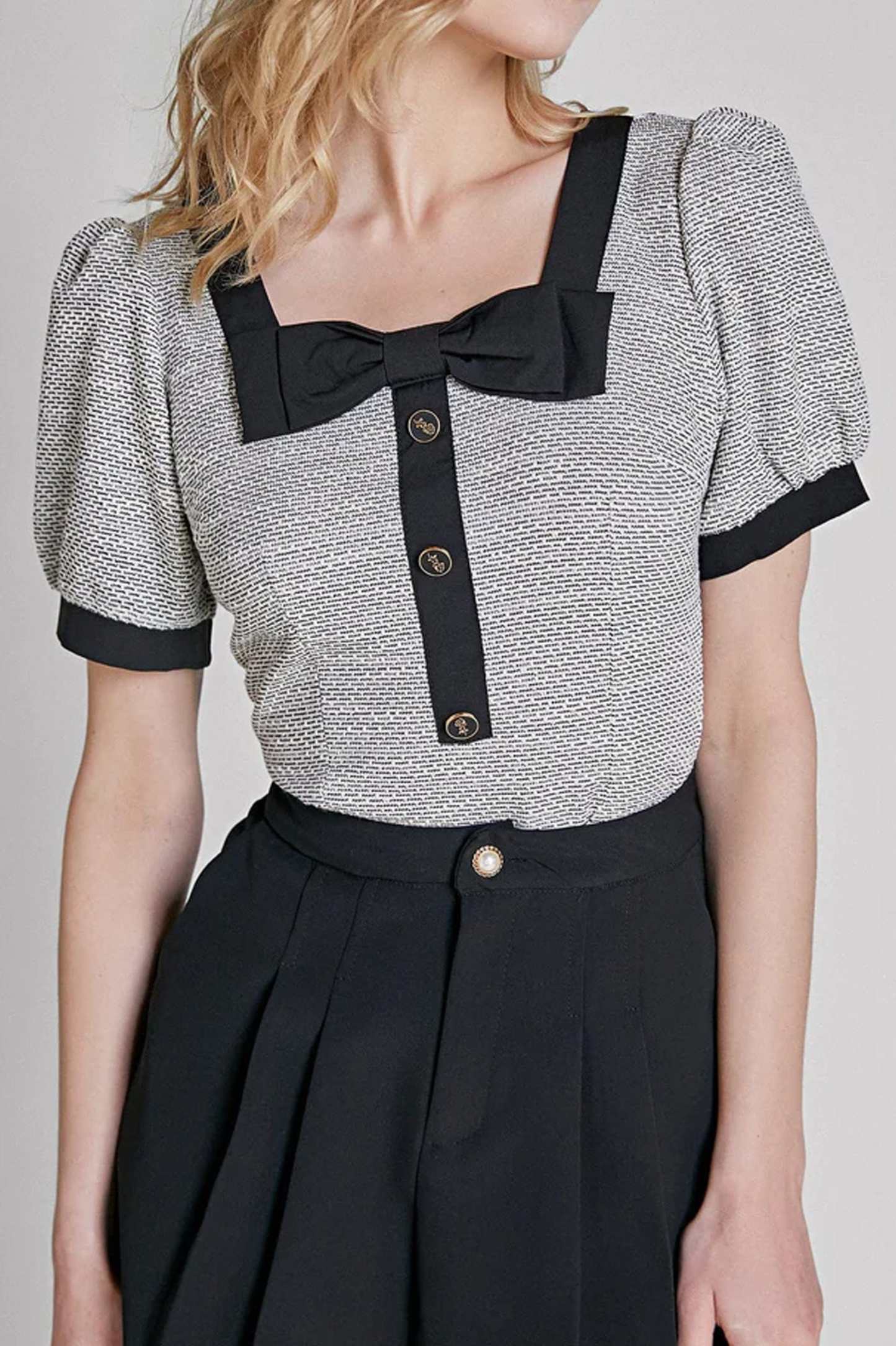 Grey Square Neck Puff Sleeve Blouse
