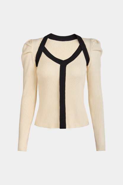 Ivory Ribbed Contrast Trim Sweater