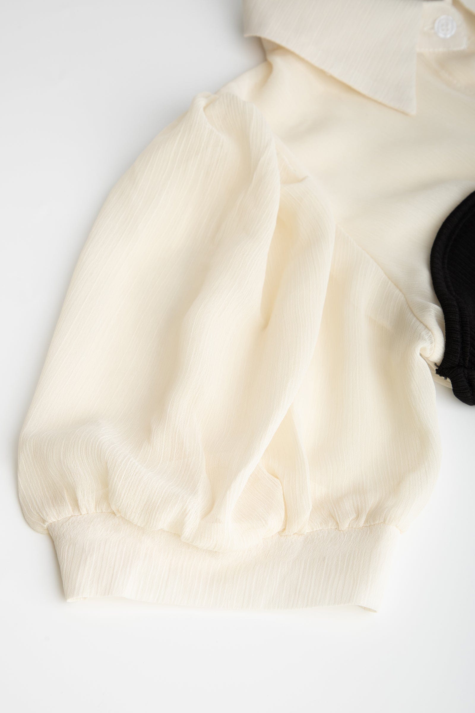 Black Contrast Mesh Puff Sleeve Polo Collar Blouse