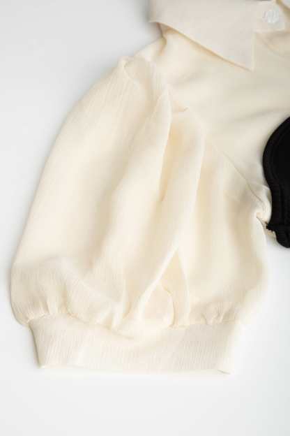 Black Contrast Mesh Puff Sleeve Polo Collar Blouse