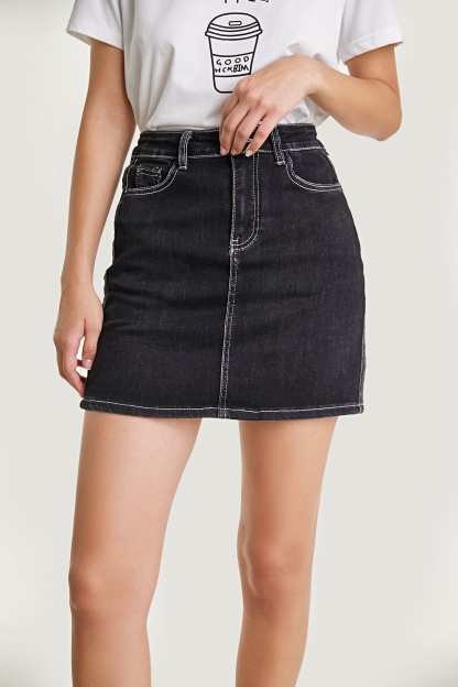 Black Contrast Stitch Cotton-Blend Mini Denim Skirt