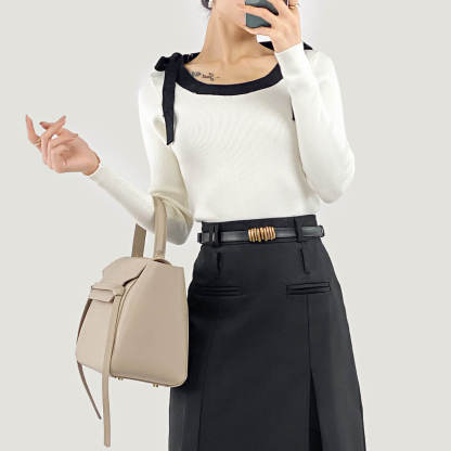 Beige Square Neck Tie Detail Sweater