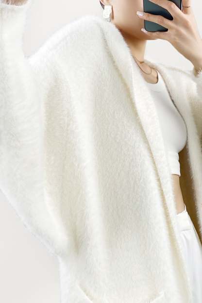 Ivory Faux Fur Open Front Hooded Long Cardigan