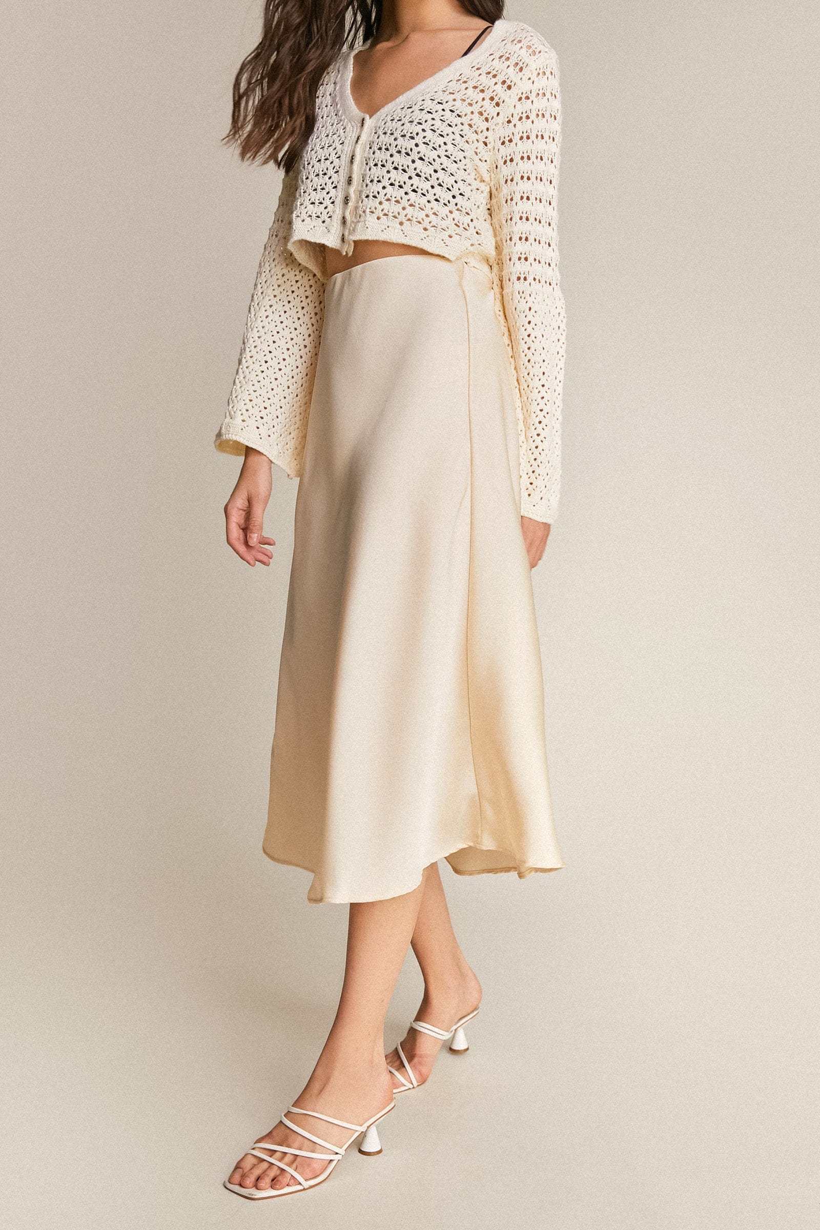 Ivory Satin High Rise A-Line Midi Skirt