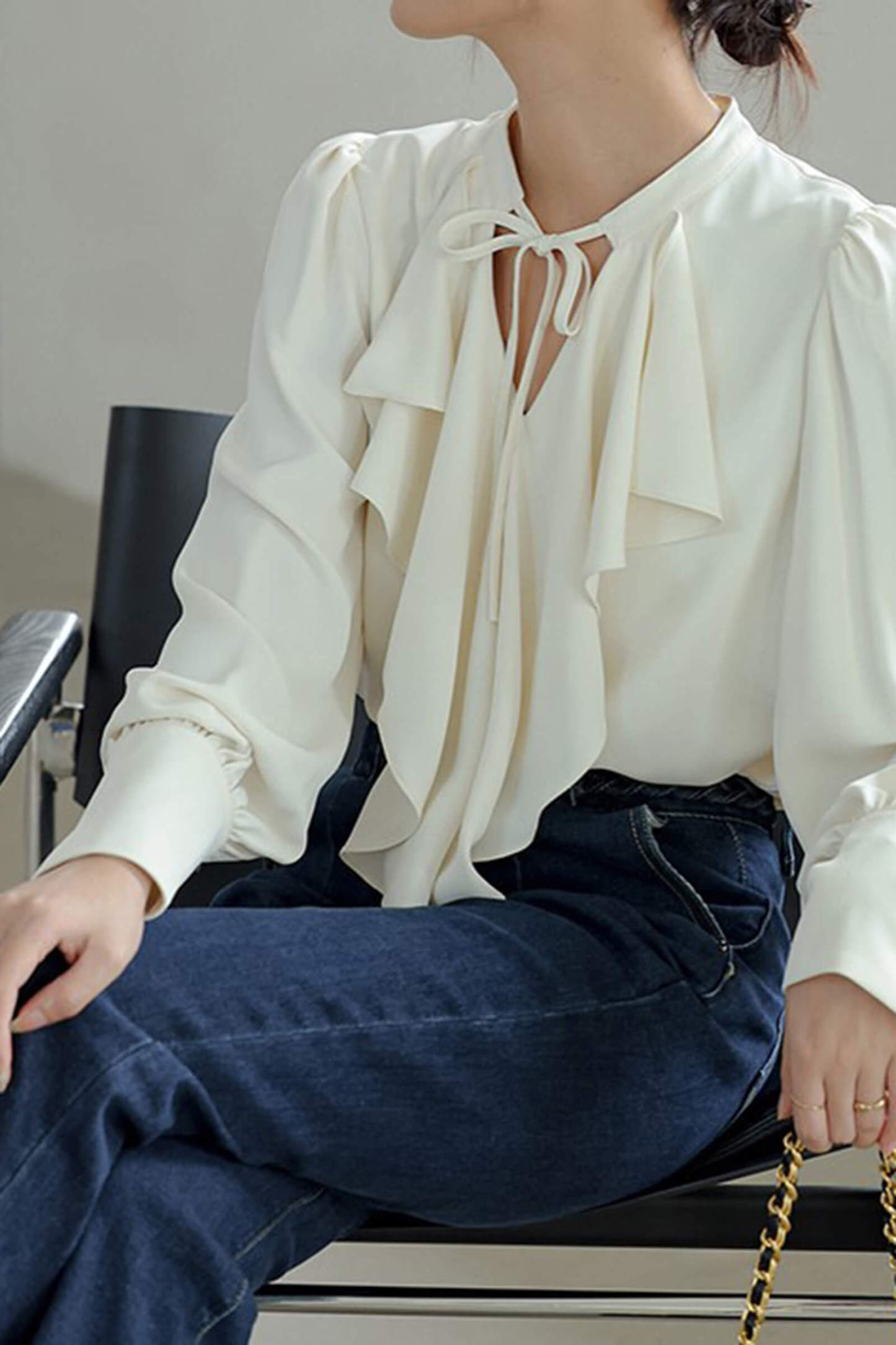Beige Puffle Front Flounce-Trimmed Long Sleeve Blouse