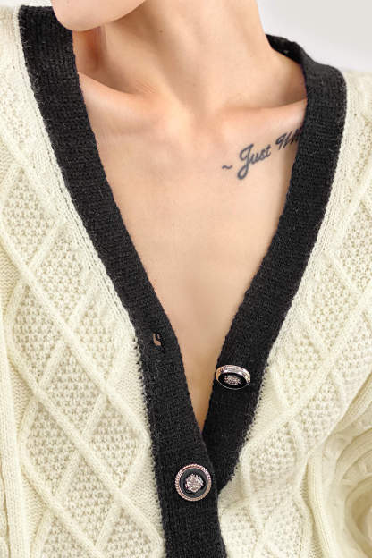 Beige Contrast V-Neck Knitted Cardigan
