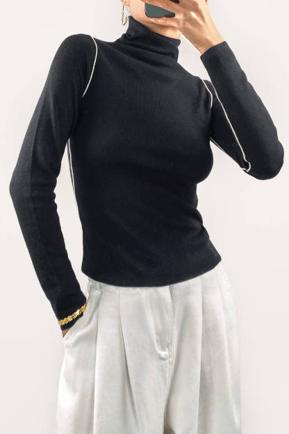 Black Cashmere-Blend Contrast Trim Turtleneck Sweater