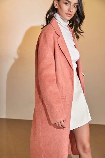 Salmon 100% Wool Notched Collar Longline Coat