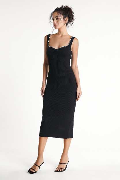 Black Faux-Pearl Trim Sweetheart Neck Knit Bodycon Midi Dress