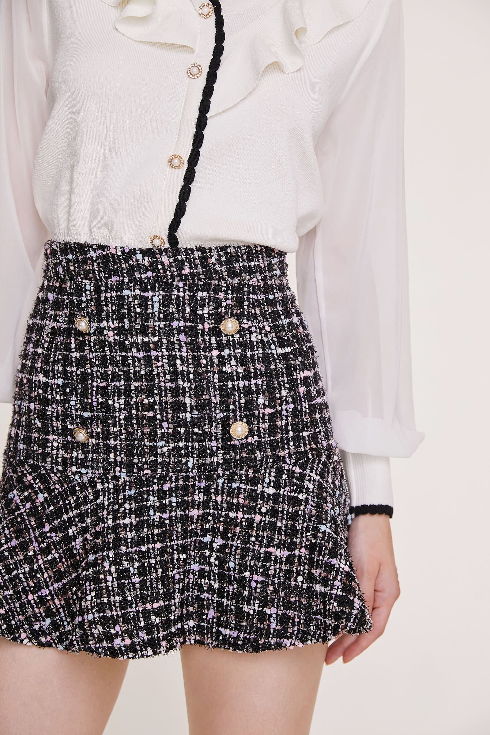 Black Flounce Hem Tweed Mini Skirt
