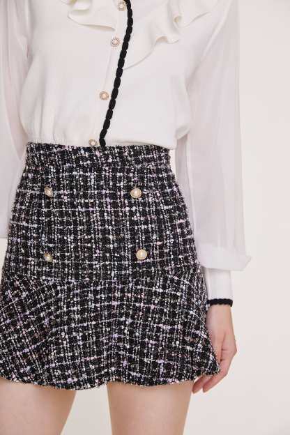 Black Flounce Hem Tweed Mini Skirt