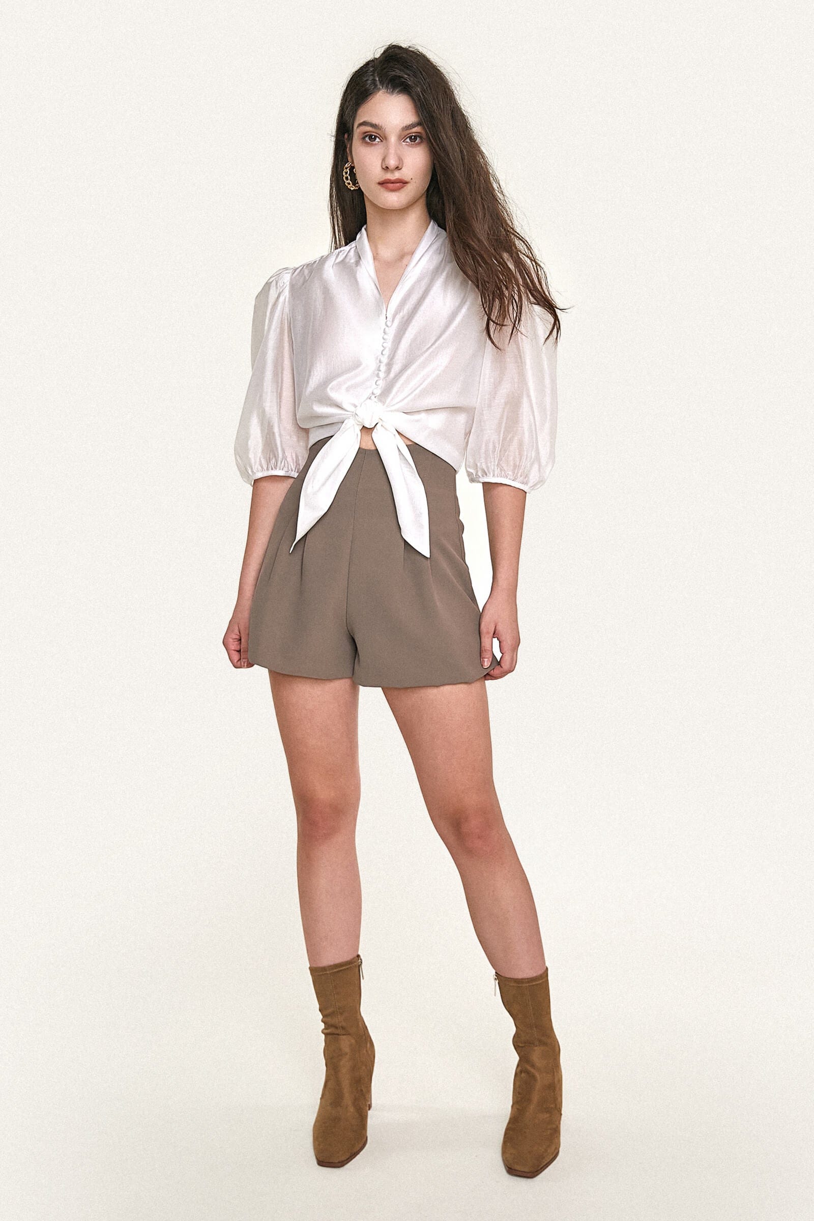 White Tie Hem Button Front Three-Quarter Puff-Sleeve Blouse