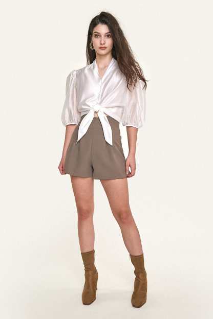 White Tie Hem Button Front Three-Quarter Puff-Sleeve Blouse