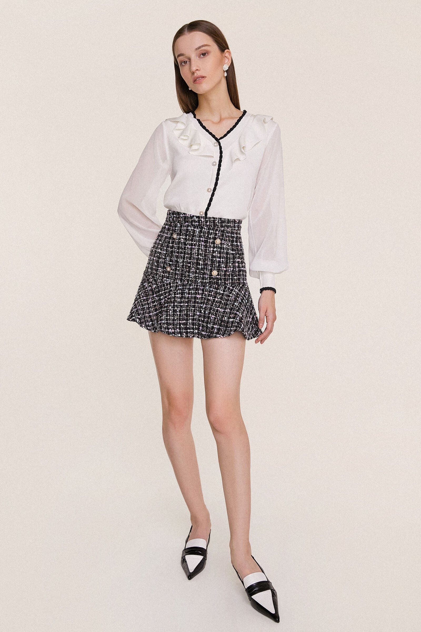Black Flounce Hem Tweed Mini Skirt