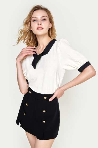 Beige Swiss Dot Short Sleeve Blouse